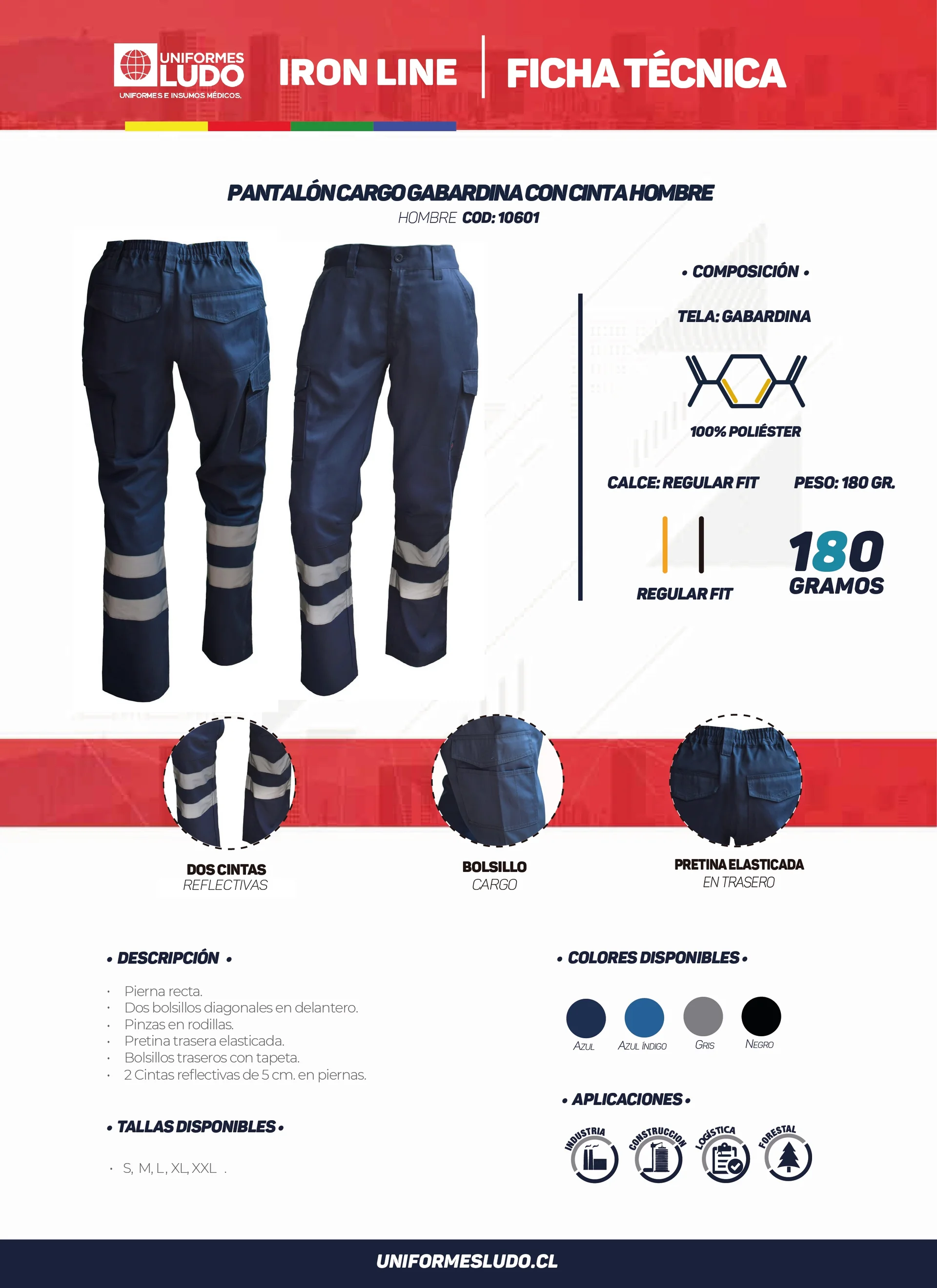 Pantalón Cargo Gabardina Con Cinta Reflectiva
